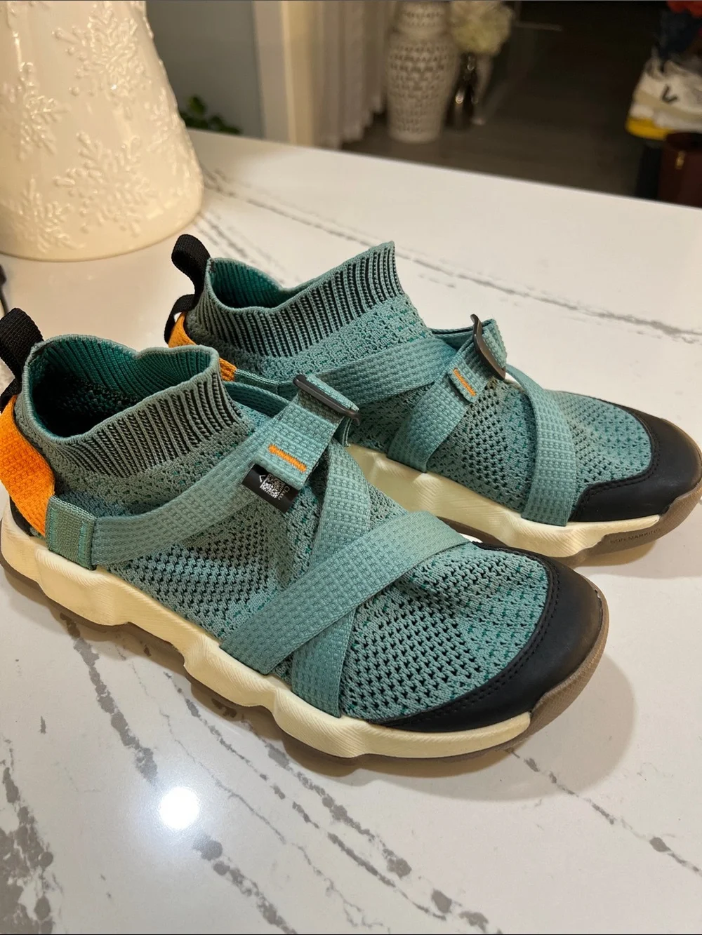 Chaco Teal Knit Strap Sneakers with Orange Heel Accent size W7